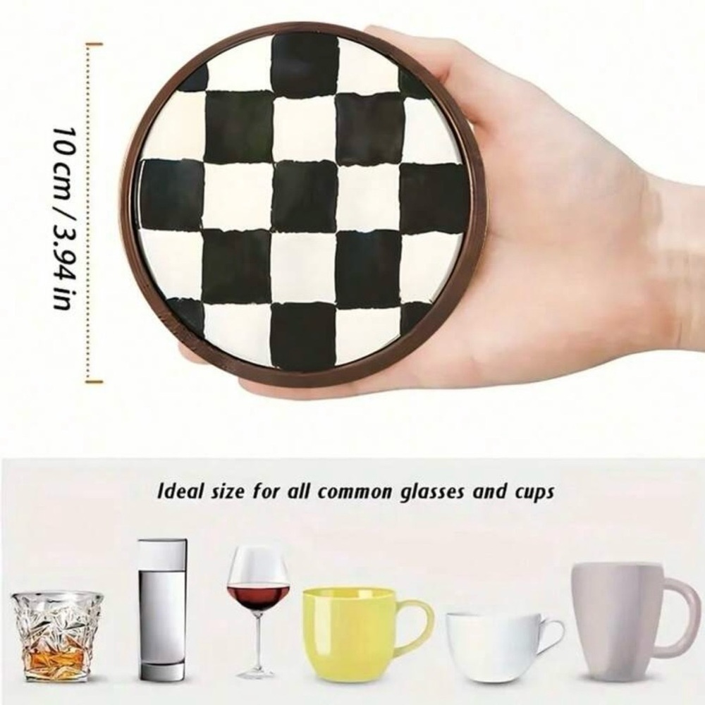 Set of 6 Checkered Ceramic Coaster Set - Black and White, Contemporary, Wood - Picture 4 of 7